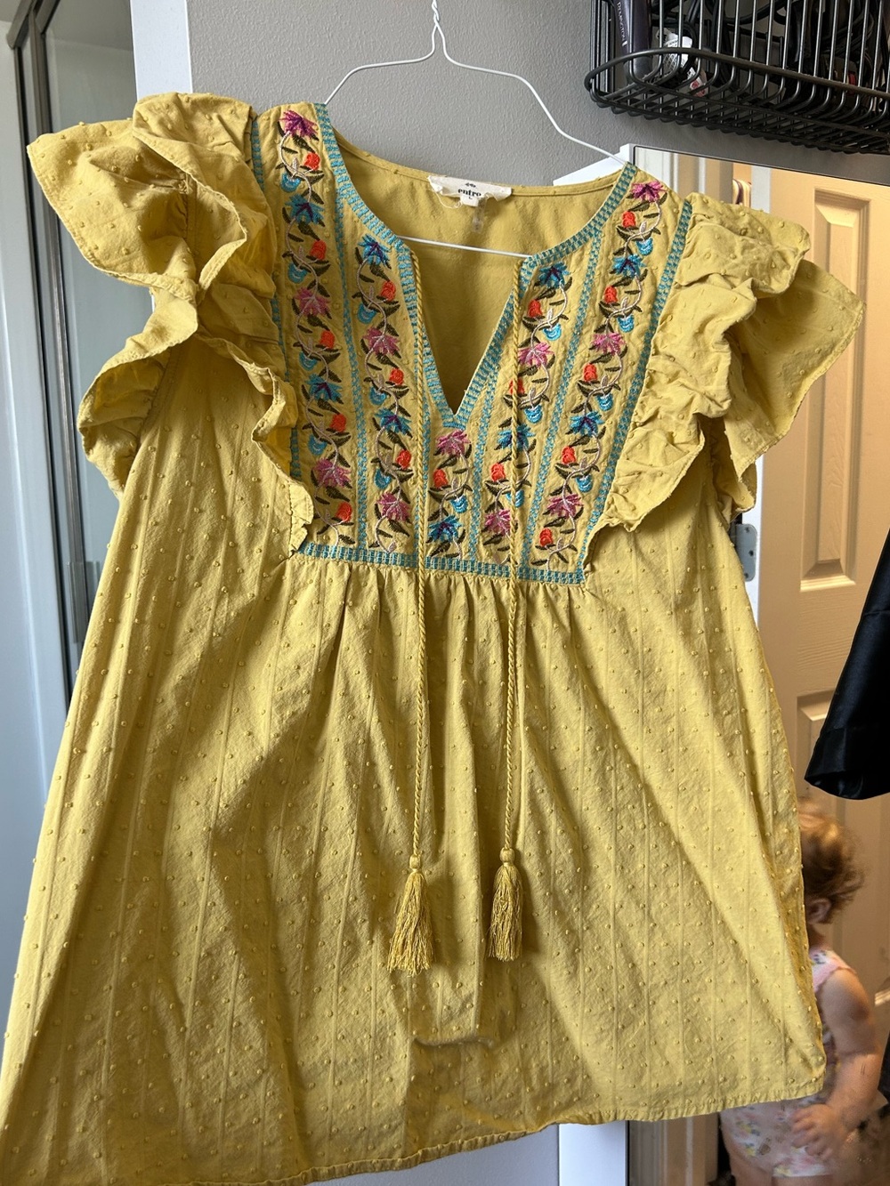 entro Mustard Embroidered Flutter Sleeve Top